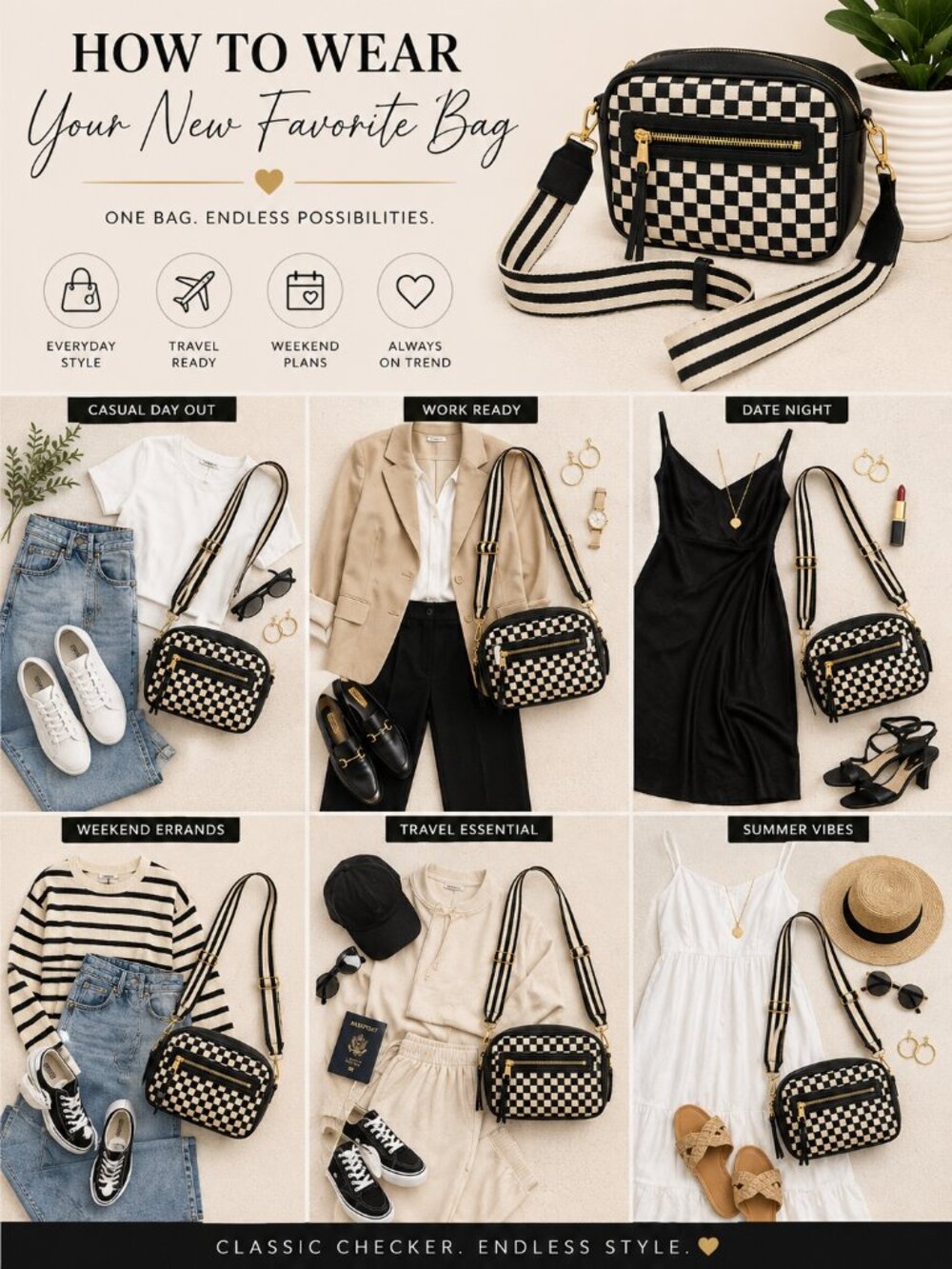 NWT Black & White Checkered Crossbody |Adjustable Stripe Strap|Trendy Camera Bag - Picture 2 of 7